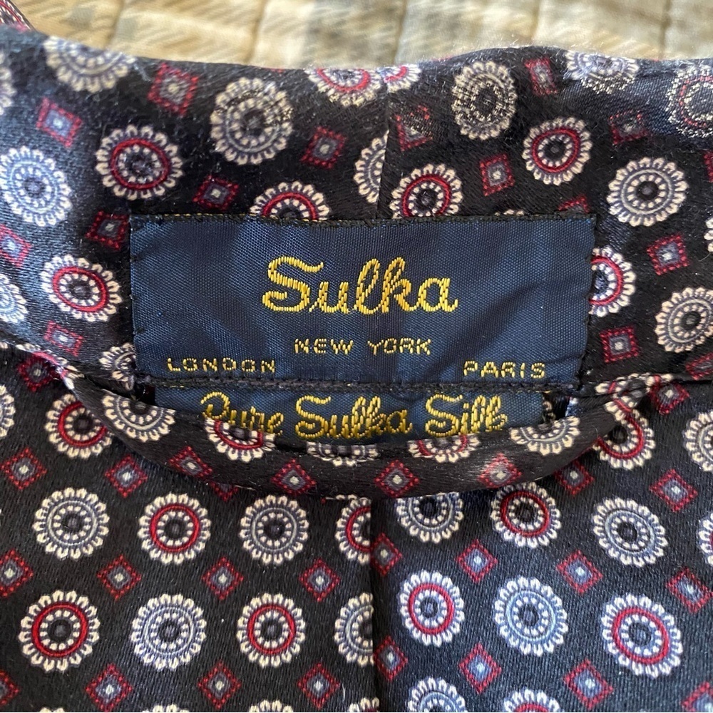 Sulka 100% Pure Silk Bath Robe Smoking Jacket Vintage One Size Unisex Blue Red - Picture 7 of 10